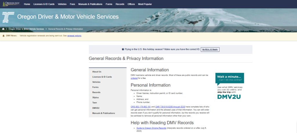 License Plates Public Records in Oregon